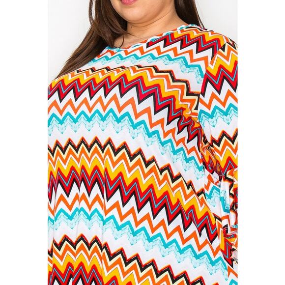 065 Curvy Lovey Chevron Print V-Neck Tunic Top Asymmetrical Sleeves - Picture 4 of 5